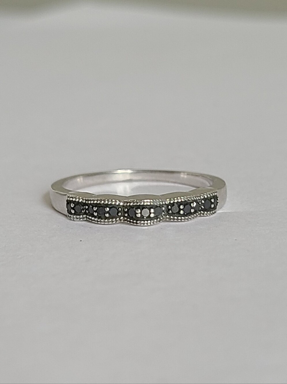 Vintage Sterling Silver Modernist Dainty Boho Thin Band Marcasite Gemstone Ring